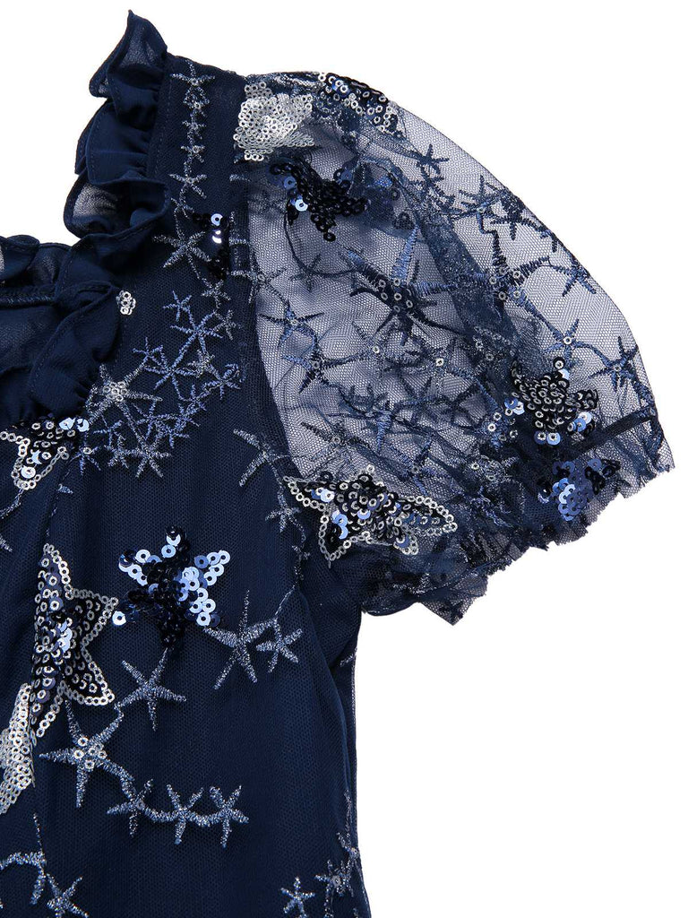 [Vorverkauf] Blau 1950er Stern Pailletten Netz Rüschen Prinzessin Kleid