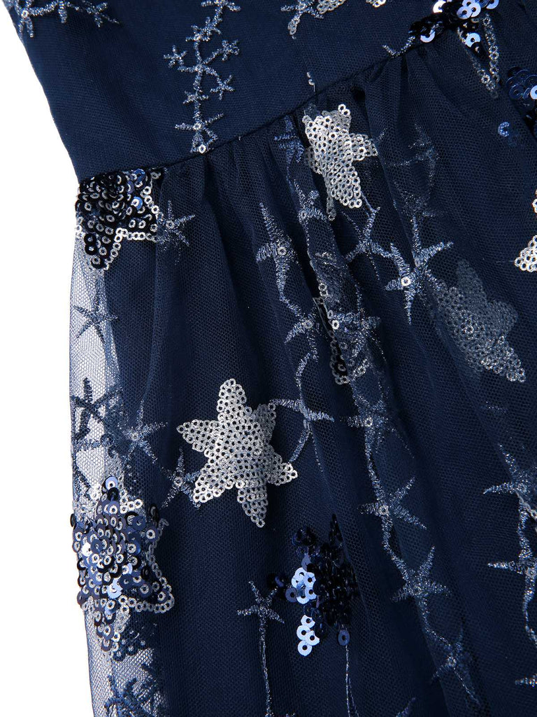 [Vorverkauf] Blau 1950er Stern Pailletten Netz Rüschen Prinzessin Kleid