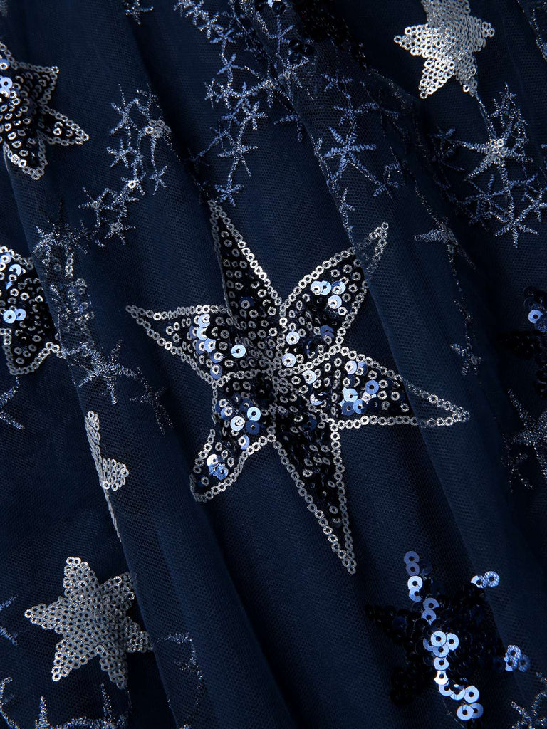 [Vorverkauf] Blau 1950er Stern Pailletten Netz Rüschen Prinzessin Kleid
