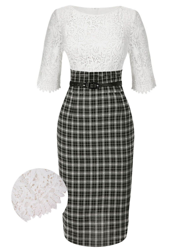 [Vorverkauf] Weiß 1960er Besticktes Spitze Check Gürtel Bleistift Kleid