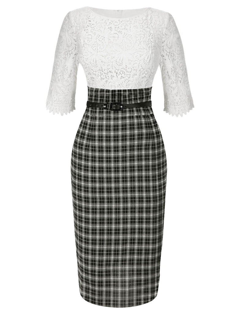 [Vorverkauf] Weiß 1960er Besticktes Spitze Check Gürtel Bleistift Kleid