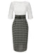 [Vorverkauf] Weiß 1960er Besticktes Spitze Check Gürtel Bleistift Kleid