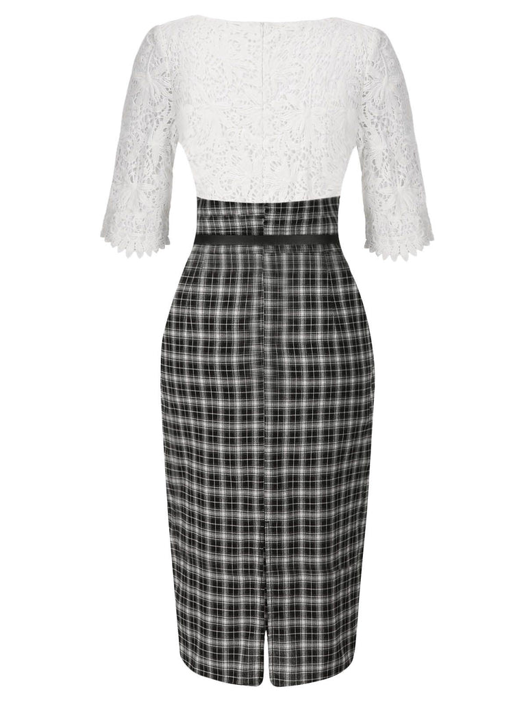 [Vorverkauf] Weiß 1960er Besticktes Spitze Check Gürtel Bleistift Kleid