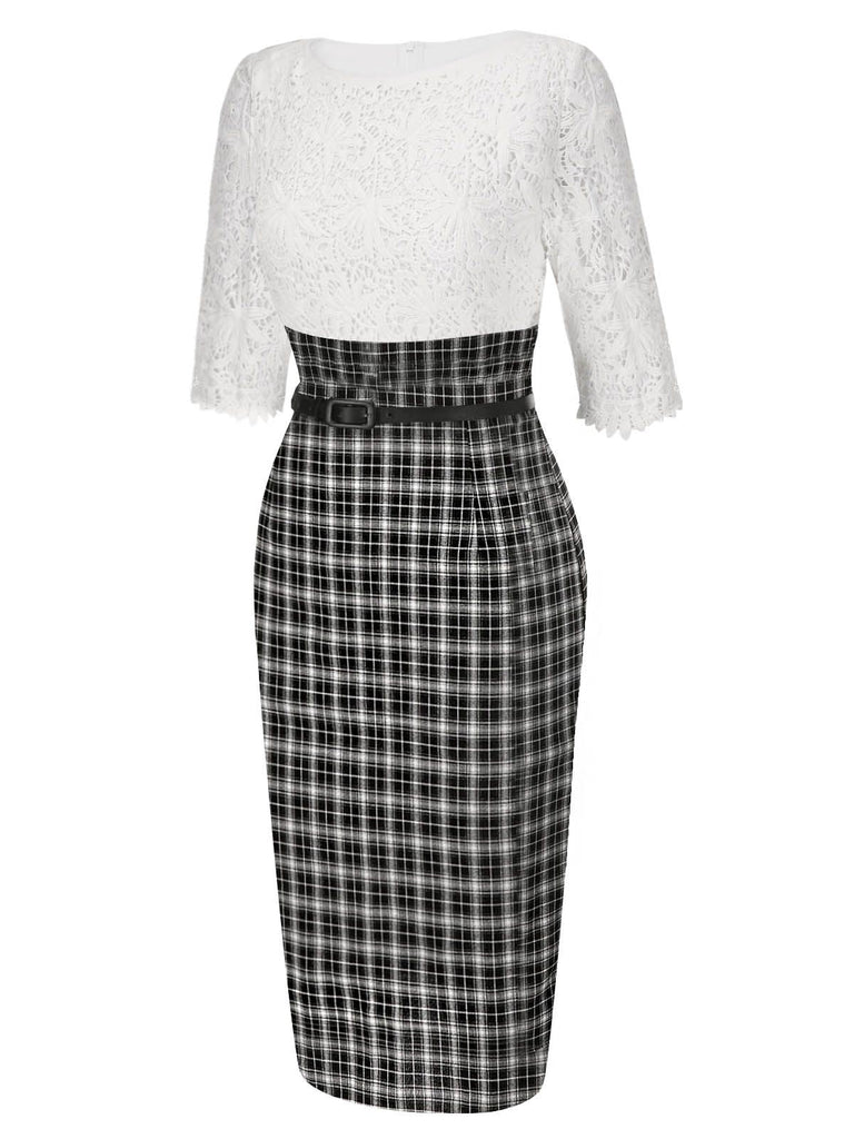 [Vorverkauf] Weiß 1960er Besticktes Spitze Check Gürtel Bleistift Kleid