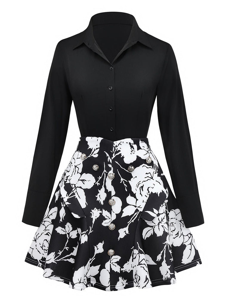 2PCS Schwarz 1950er Revers Bluse & Blumen Rock