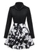 2PCS Schwarz 1950er Revers Bluse & Blumen Rock