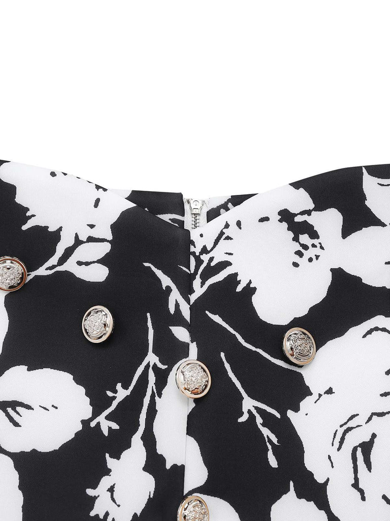 2PCS Schwarz 1950er Revers Bluse & Blumen Rock