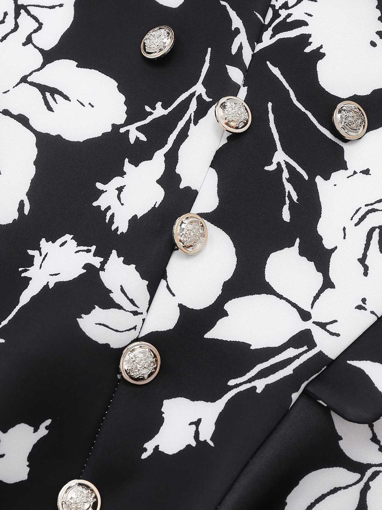 2PCS Schwarz 1950er Revers Bluse & Blumen Rock