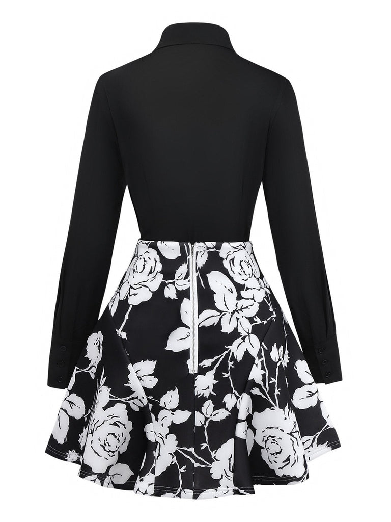2PCS Schwarz 1950er Revers Bluse & Blumen Rock