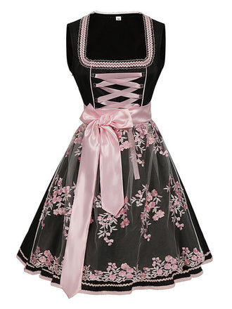 2PCS Schwarz 1950er Oktoberfest Dirndl Kleid & Bestickter Schürze