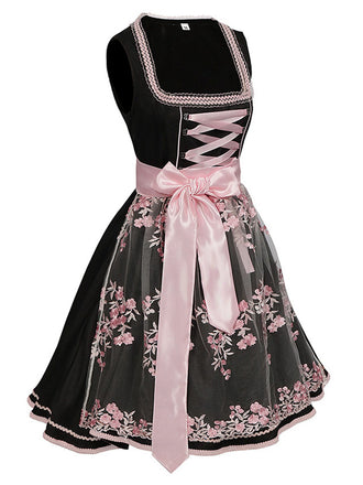 2PCS Schwarz 1950er Oktoberfest Dirndl Kleid & Bestickter Schürze