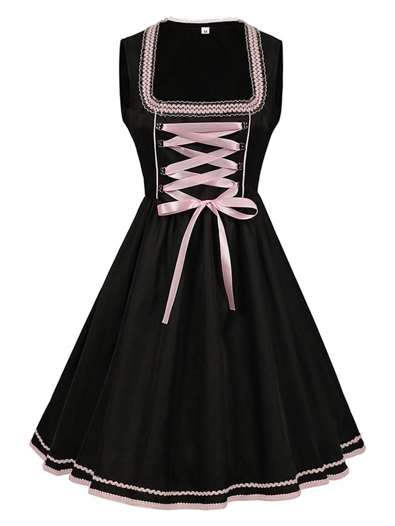 2PCS Schwarz 1950er Oktoberfest Dirndl Kleid & Bestickter Schürze