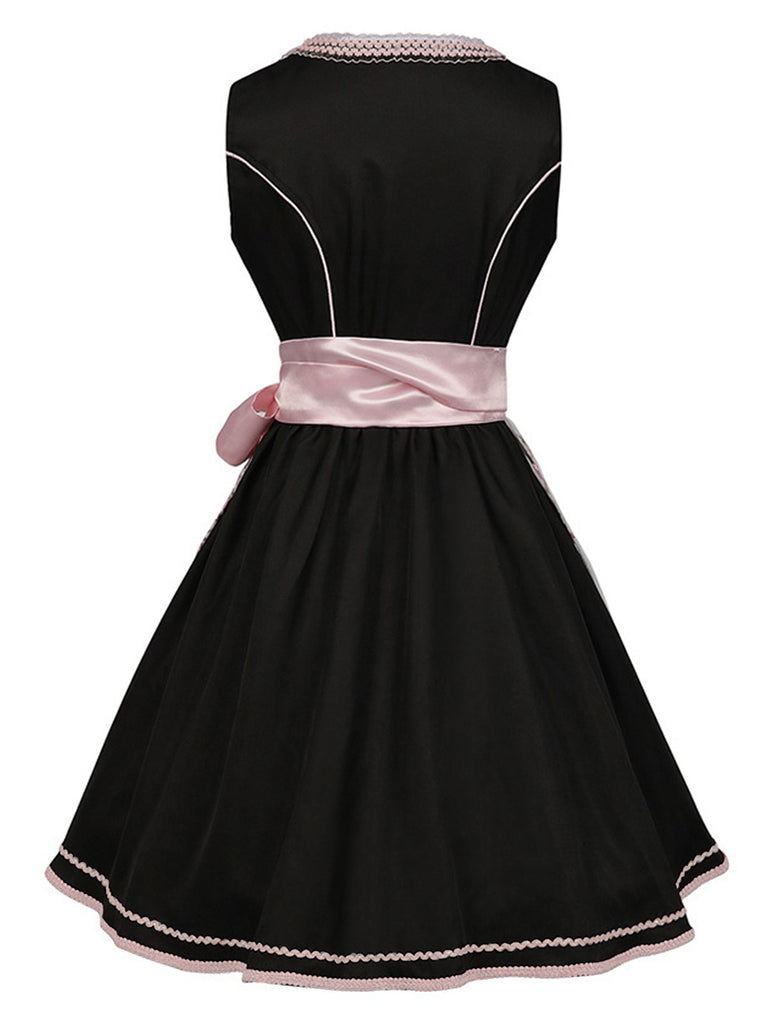 2PCS Schwarz 1950er Oktoberfest Dirndl Kleid & Bestickter Schürze