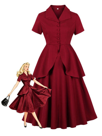 2PCS Rot 1950er Solide Rüschen Tasten Top & Rock