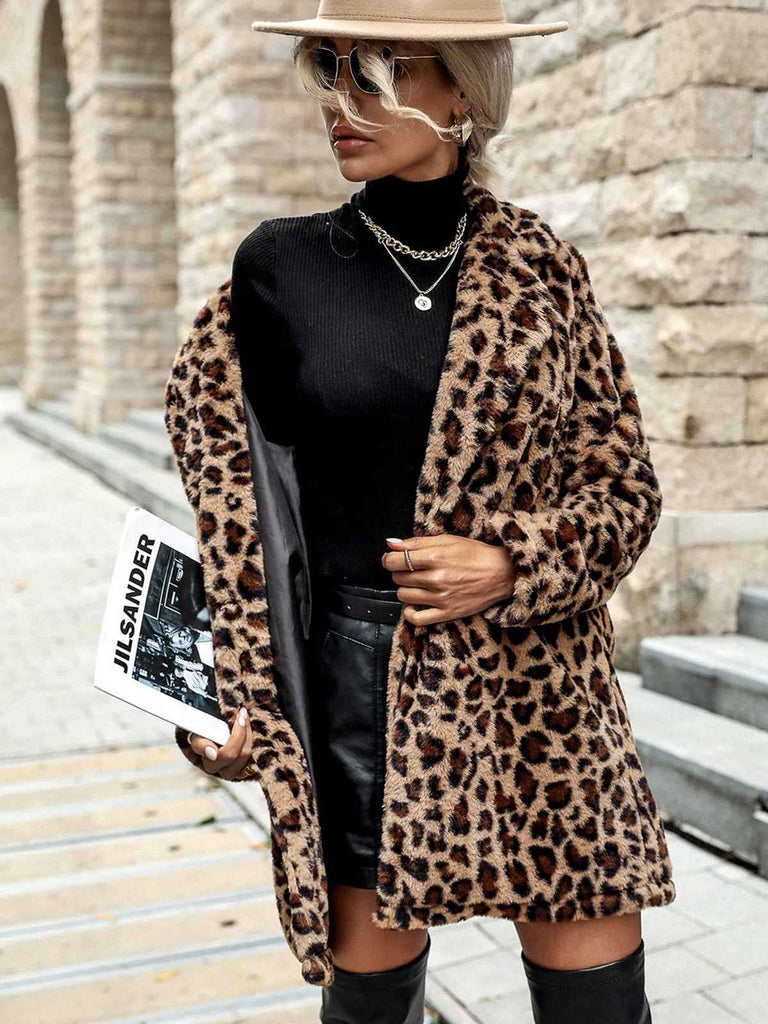 Braun 1950er Leopard Revers Kunstwolle Mantel