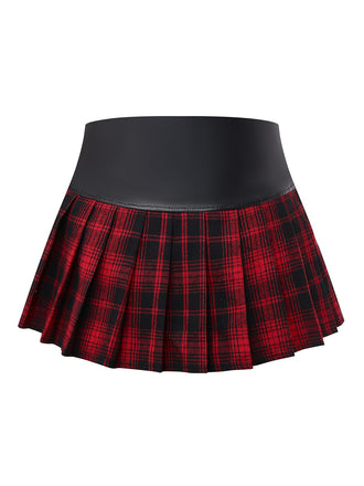 Rot 1980er Steampunk Plaid Leder Plissiertes Rock