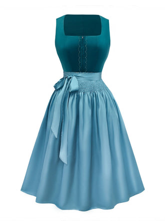 2PCS Blau 1950er Oktoberfest Flanell Blumen Kleid & Satin Schürze