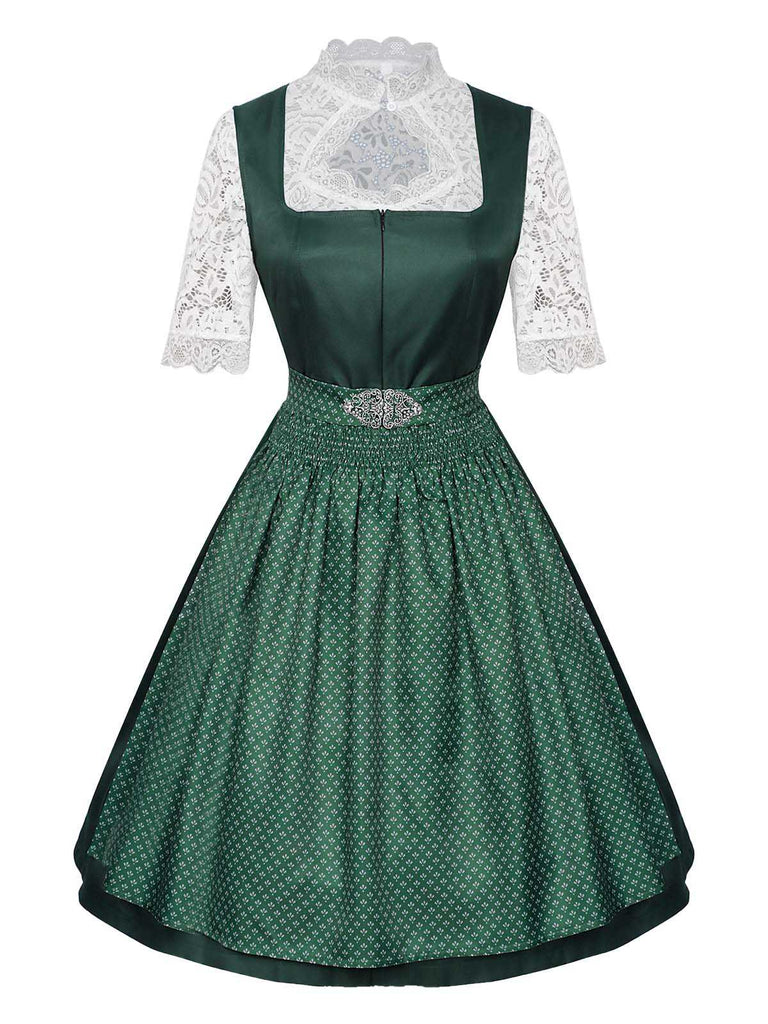 3PCS Grün 1950er Oktoberfest Dirndl Schlüsselloch Spitze Top & Kleid