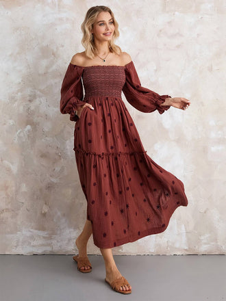 1940er Besticktes Blumen Laternenärmel Kleid