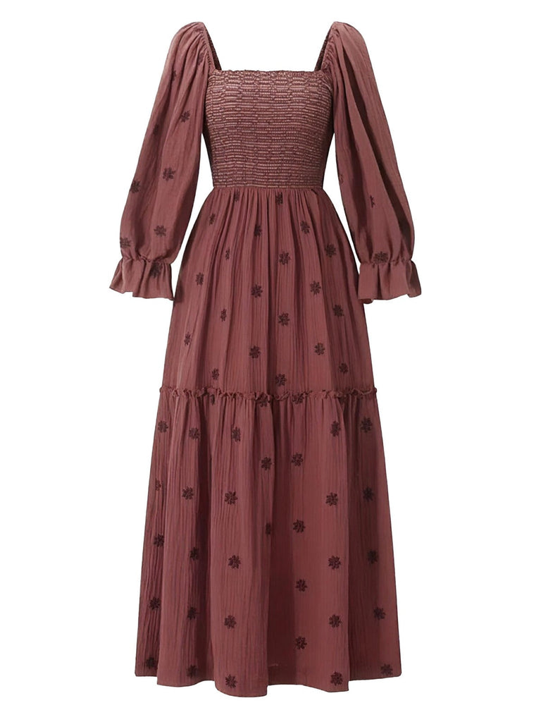 1940er Besticktes Blumen Laternenärmel Kleid