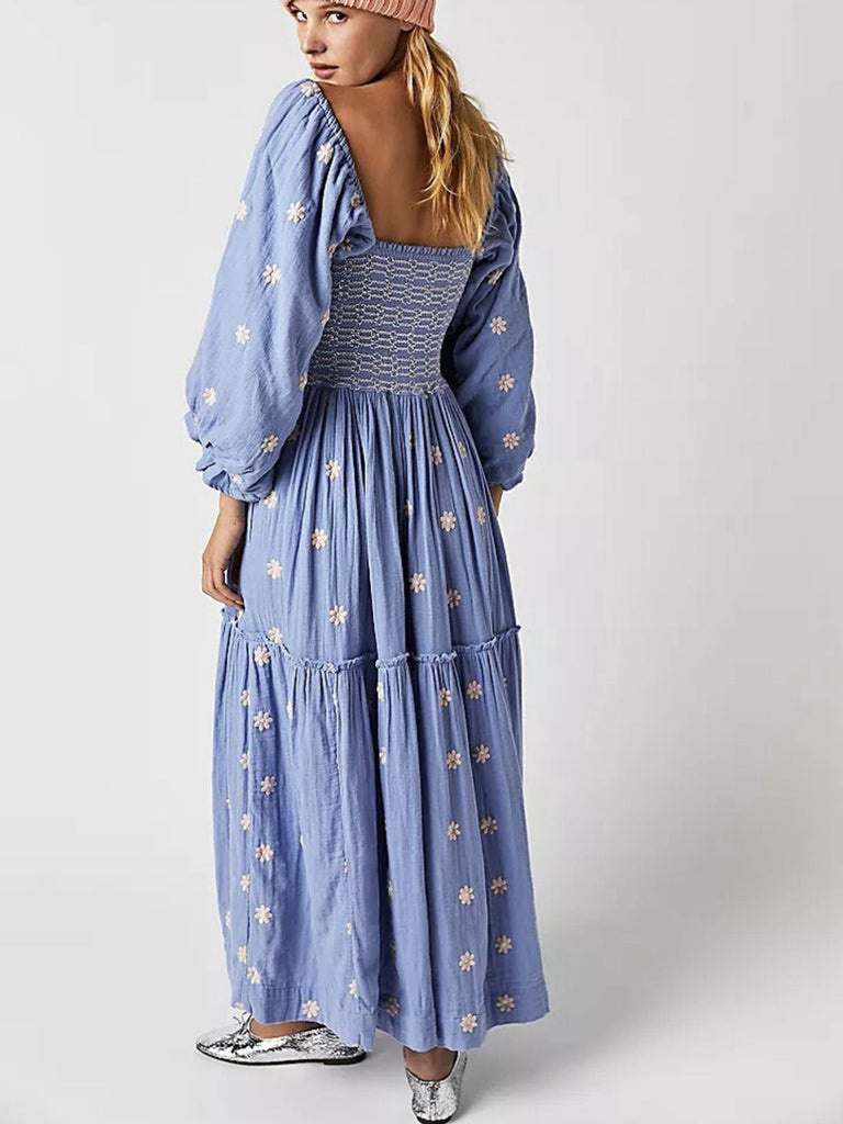 1940er Besticktes Blumen Laternenärmel Kleid