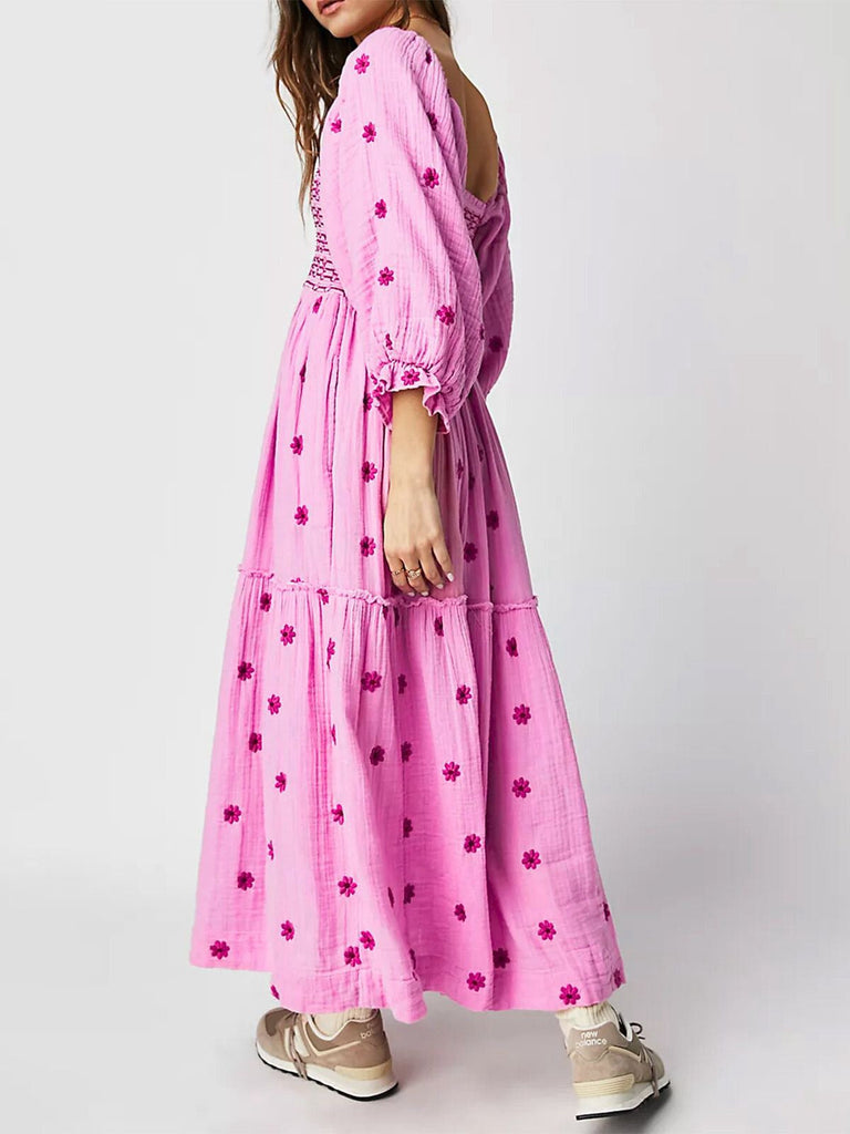 1940er Besticktes Blumen Laternenärmel Kleid