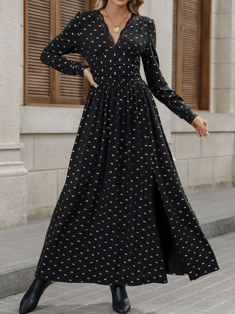 Schwarz 1930er Gold Folie Bogen V-Ausschnitt Spitze Schlitz Kleid