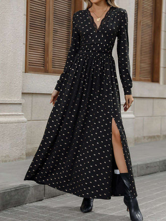 Schwarz 1930er Gold Folie Bogen V-Ausschnitt Spitze Schlitz Kleid