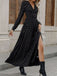 Schwarz 1930er Gold Folie Bogen V-Ausschnitt Spitze Schlitz Kleid