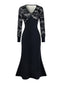 Schwarz 1930er V-Ausschnitt Blumen Spitze Fischschwanz Kleid