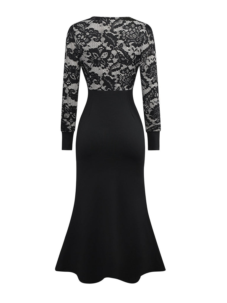 Schwarz 1930er V-Ausschnitt Blumen Spitze Fischschwanz Kleid