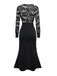 Schwarz 1930er V-Ausschnitt Blumen Spitze Fischschwanz Kleid