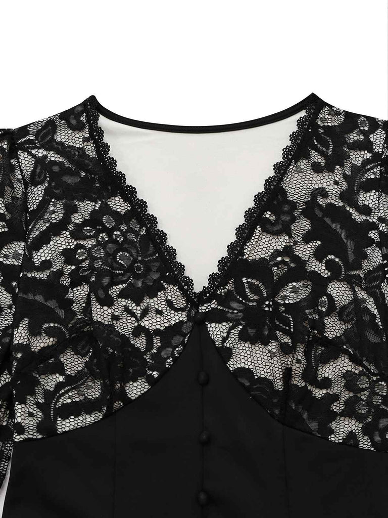 Schwarz 1930er V-Ausschnitt Blumen Spitze Fischschwanz Kleid