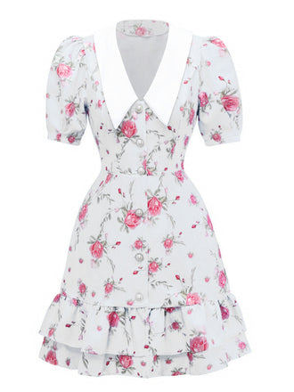 1960er Rose Puffärmel Chelsea-Kragen Mini Kleid