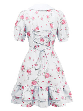 1960er Rose Puffärmel Chelsea-Kragen Mini Kleid