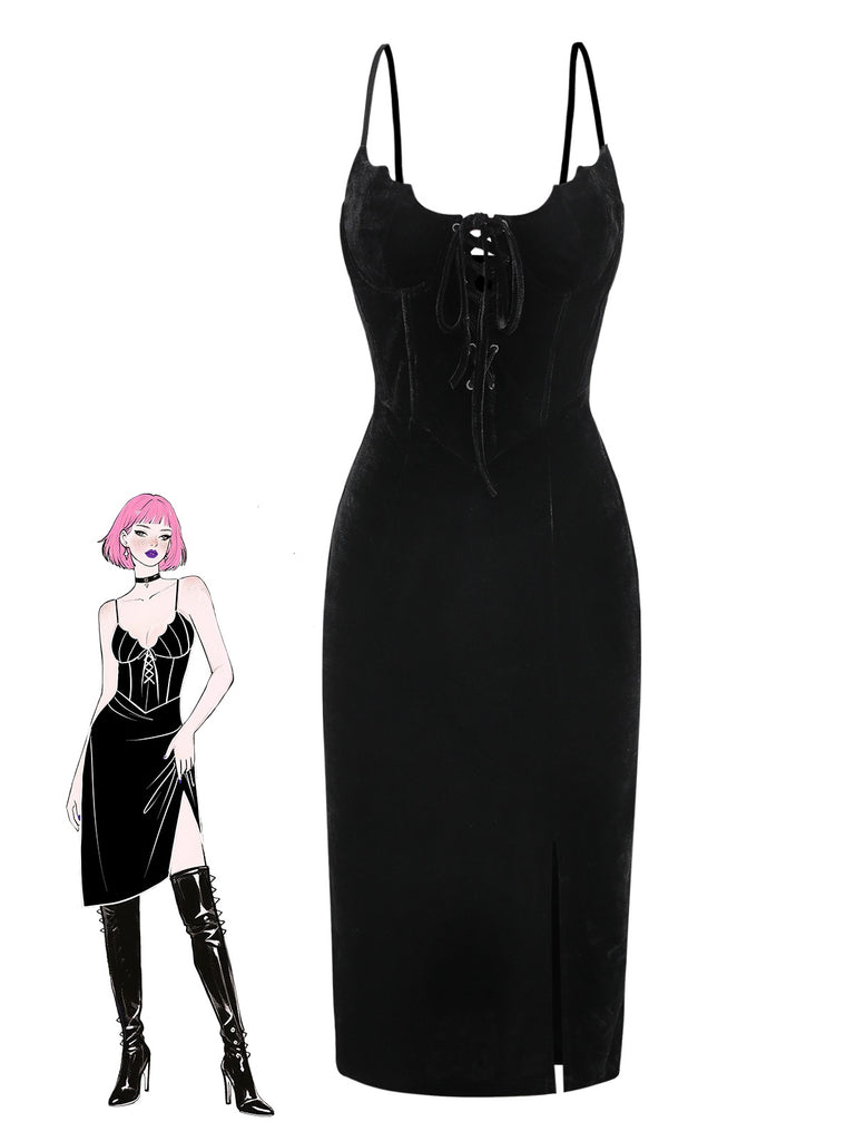 [Vorverkauf] Schwarz 1960er Fledermaus-Kragen Samt Schlitz Kleid
