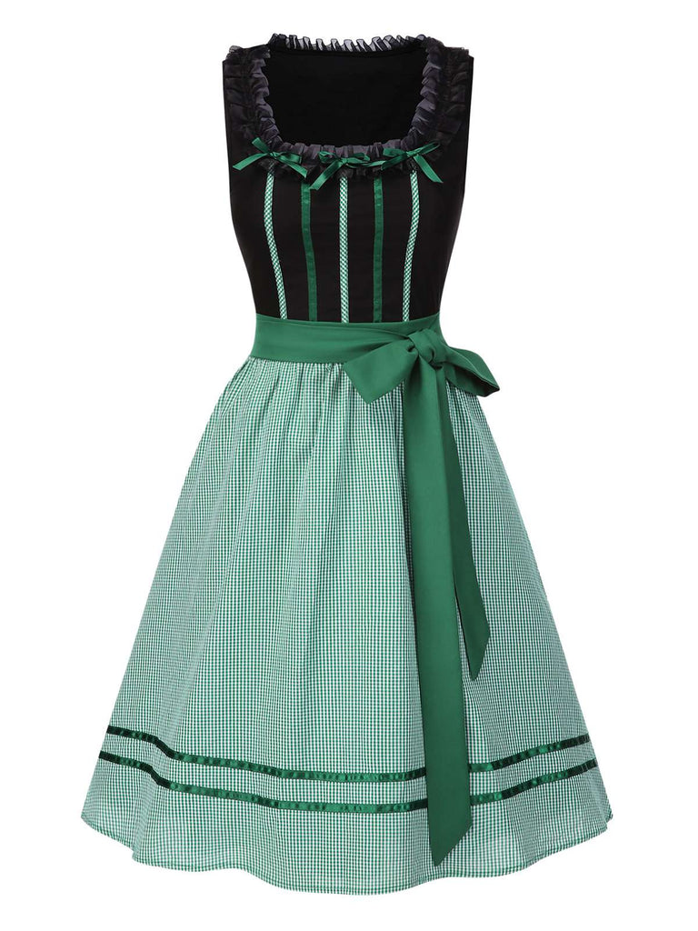 [Vorverkauf] Schwarz 1950er Oktoberfest Baumwolle Polka Dot Kleid mit Gingham Schürze