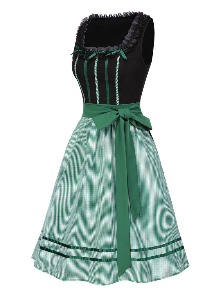 [Vorverkauf] Schwarz 1950er Oktoberfest Baumwolle Polka Dot Kleid mit Gingham Schürze