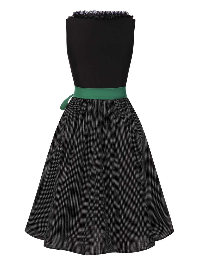 [Vorverkauf] Schwarz 1950er Oktoberfest Baumwolle Polka Dot Kleid mit Gingham Schürze