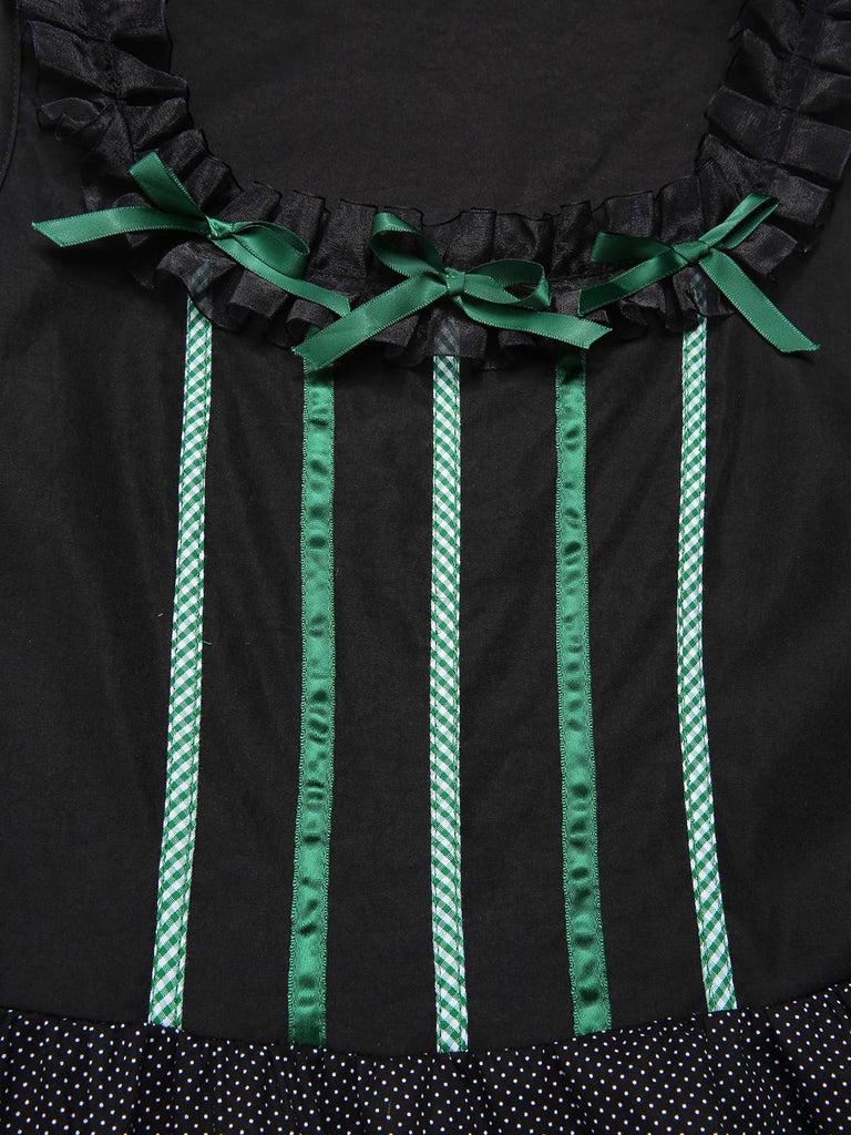[Vorverkauf] Schwarz 1950er Oktoberfest Baumwolle Polka Dot Kleid mit Gingham Schürze