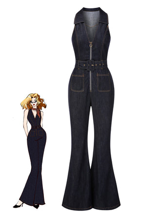 Blau 1970er Baumwolle Denim Ausgestellter Jumpsuit