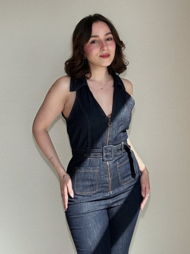 Blau 1970er Baumwolle Denim Ausgestellter Jumpsuit