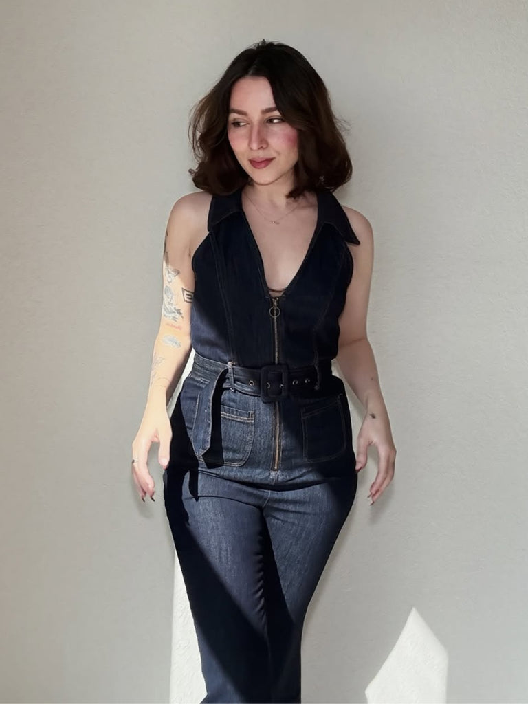 Blau 1970er Baumwolle Denim Ausgestellter Jumpsuit