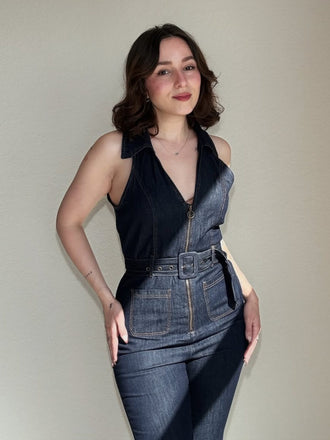 Blau 1970er Baumwolle Denim Ausgestellter Jumpsuit