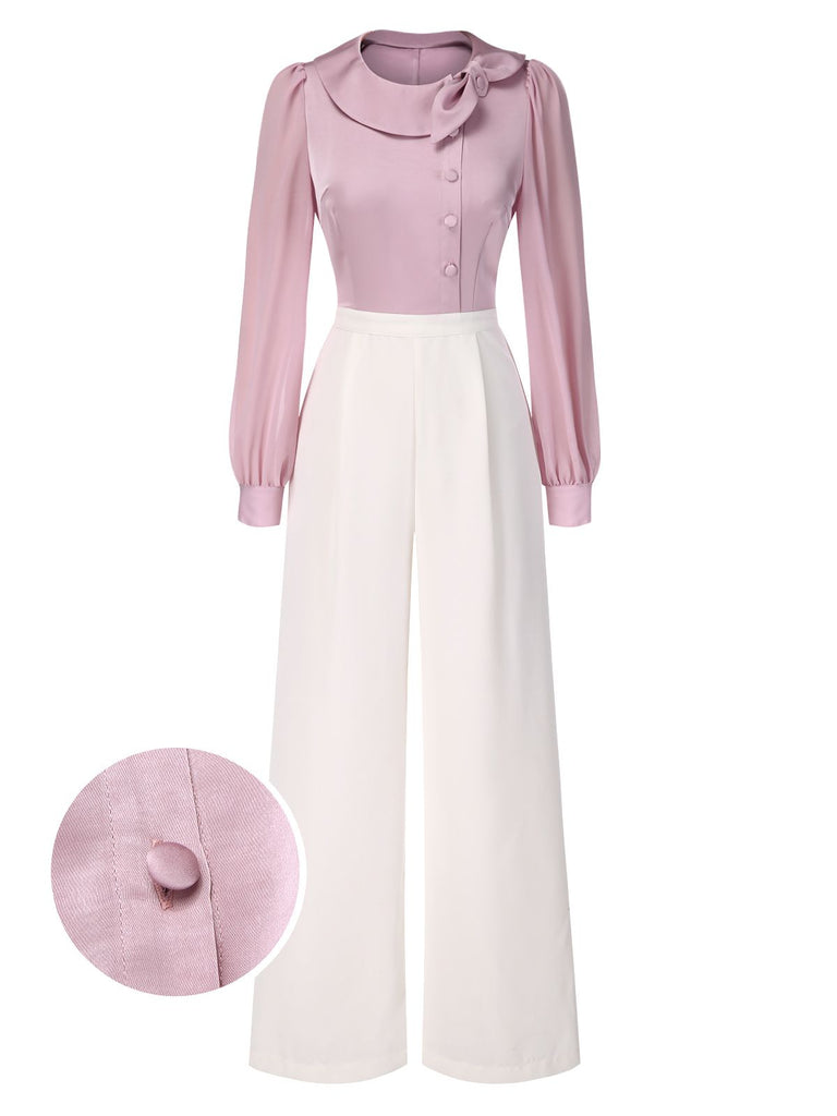 [Vorverkauf] Rosa 1930er Satin Bogen Kragen Puffärmel Jumpsuit