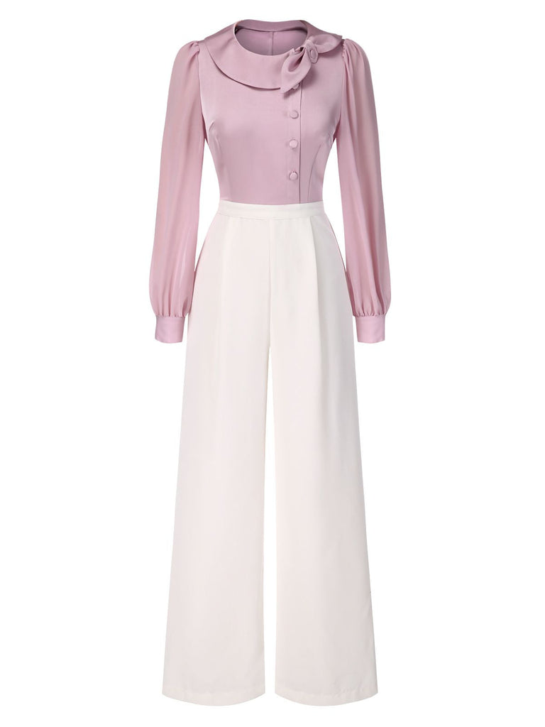 [Vorverkauf] Rosa 1930er Satin Bogen Kragen Puffärmel Jumpsuit