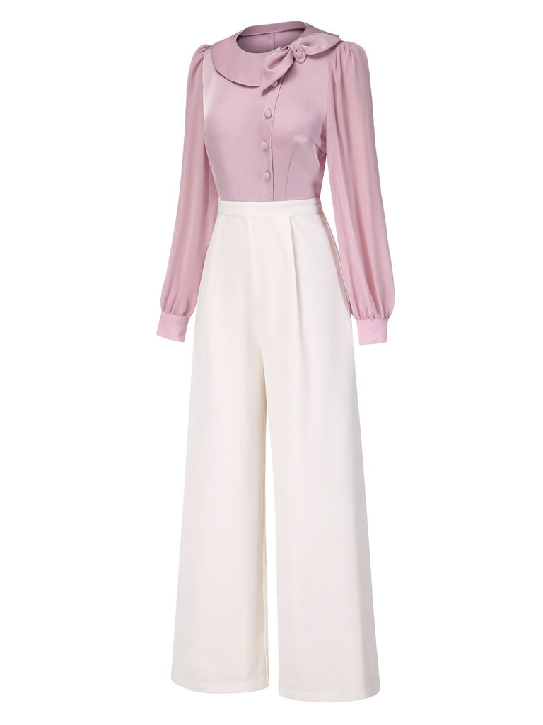 [Vorverkauf] Rosa 1930er Satin Bogen Kragen Puffärmel Jumpsuit