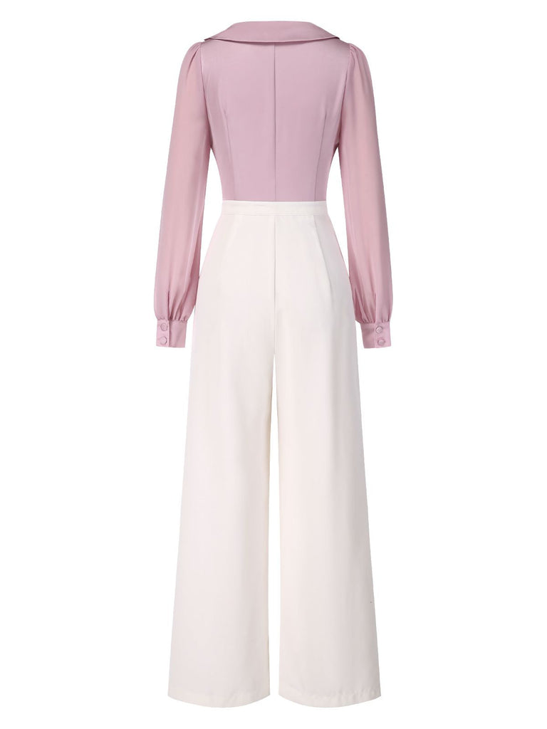 [Vorverkauf] Rosa 1930er Satin Bogen Kragen Puffärmel Jumpsuit