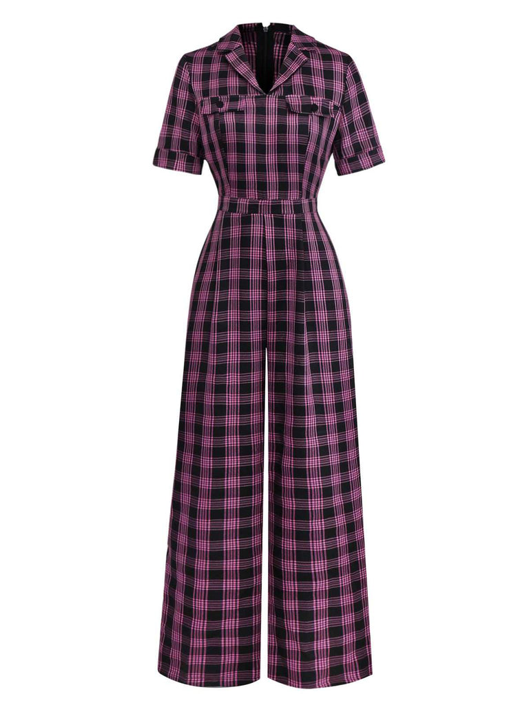 [Vorverkauf] Schwarz & Rosa 1940er Revers Plaids Jumpsuit
