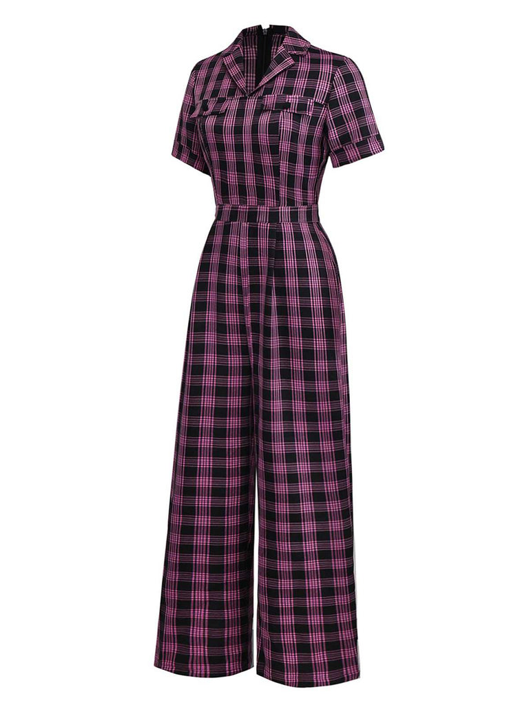 [Vorverkauf] Schwarz & Rosa 1940er Revers Plaids Jumpsuit